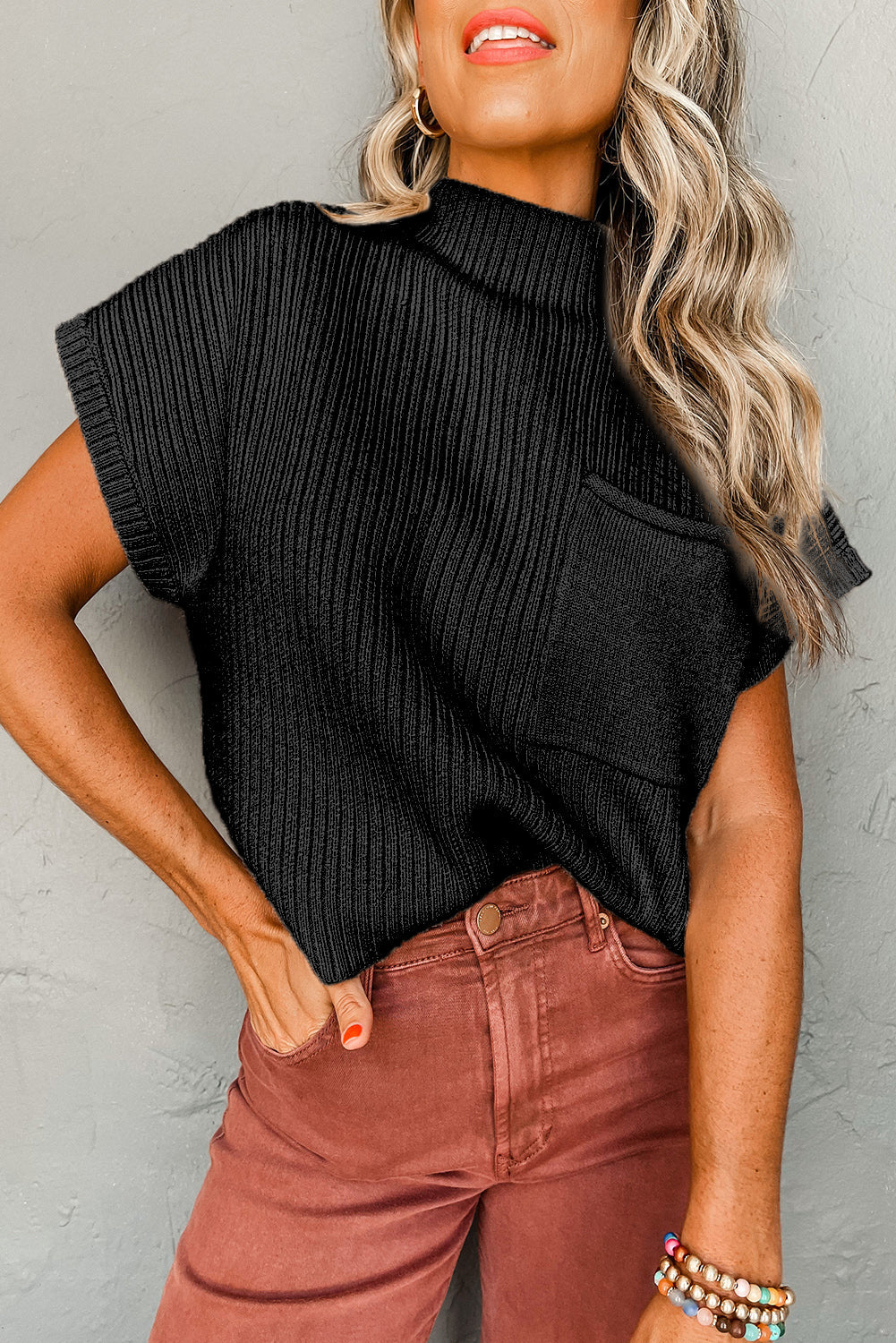 Black Ribbed Knit Short Sweater