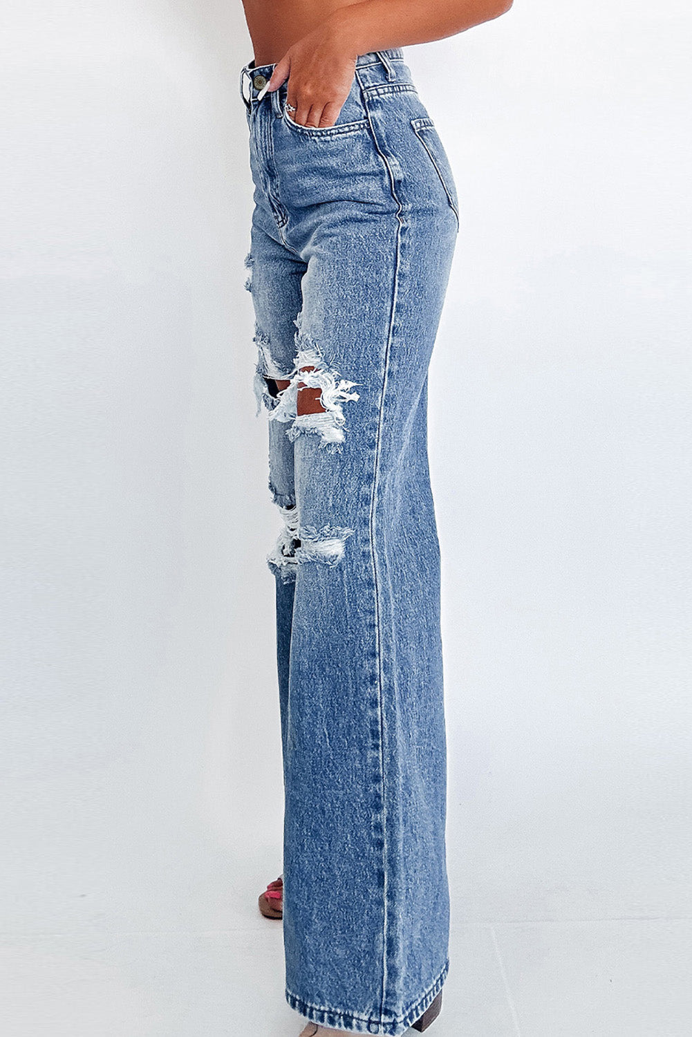 Blue Washed Wide Leg High Waist Jeans