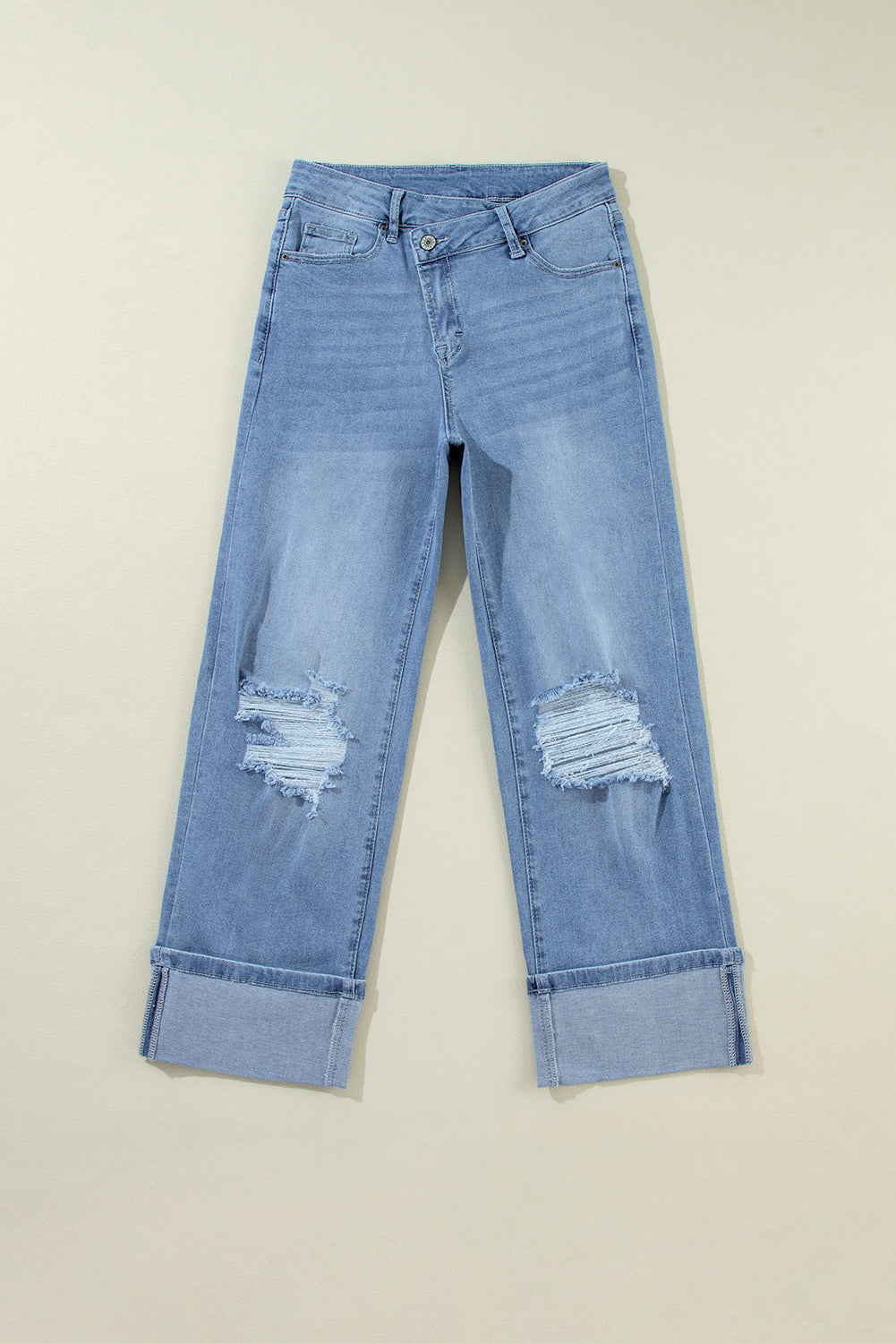 Dusk Blue High Rise Button Zip Ripped Jeans