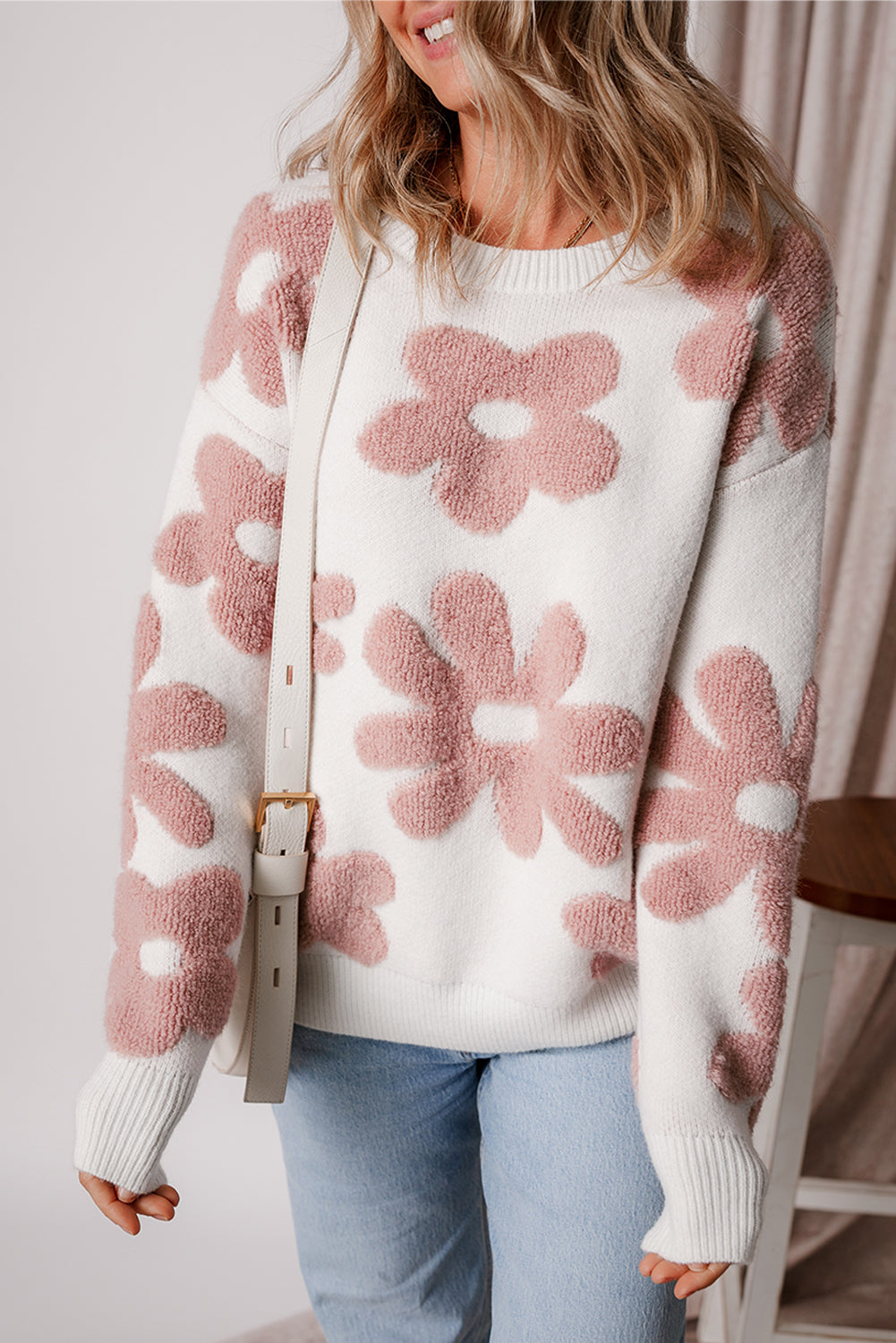 Flower Drop Shoulder Loose Sweater