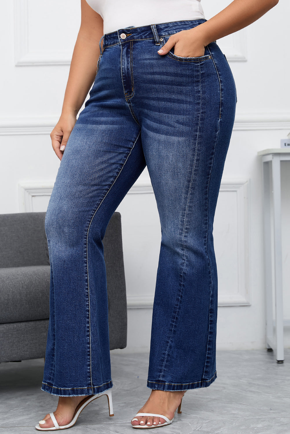 Dark Blue Washed Flare Jeans