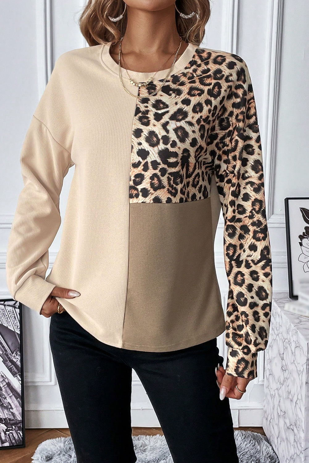 Chantal™ Leopard Colorblock Waffle Knit Top