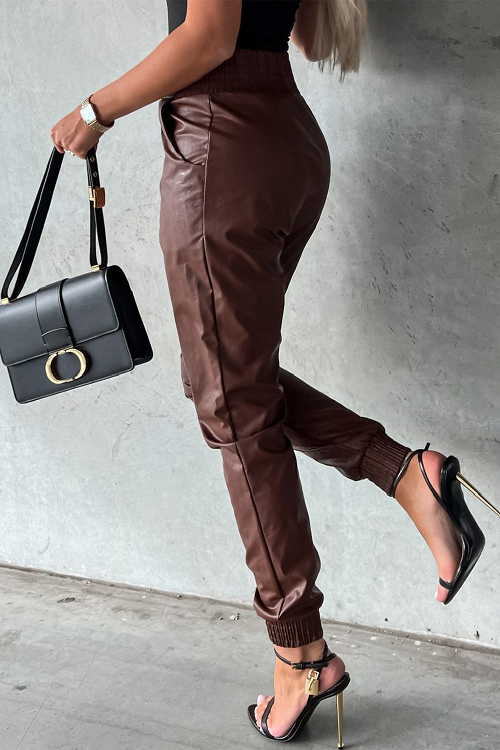 Brown High-Waist Leather Skinny Pants