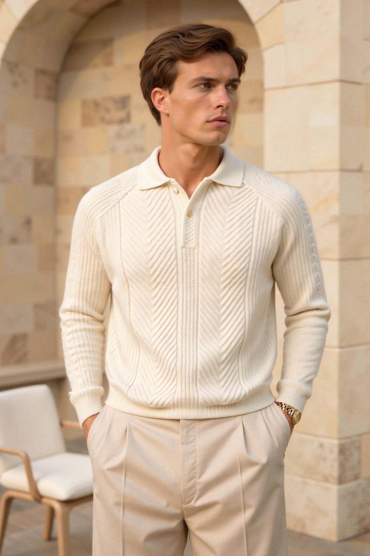 Gallucci Solid Color Textured Knit Long Sleeve Golf Sweater