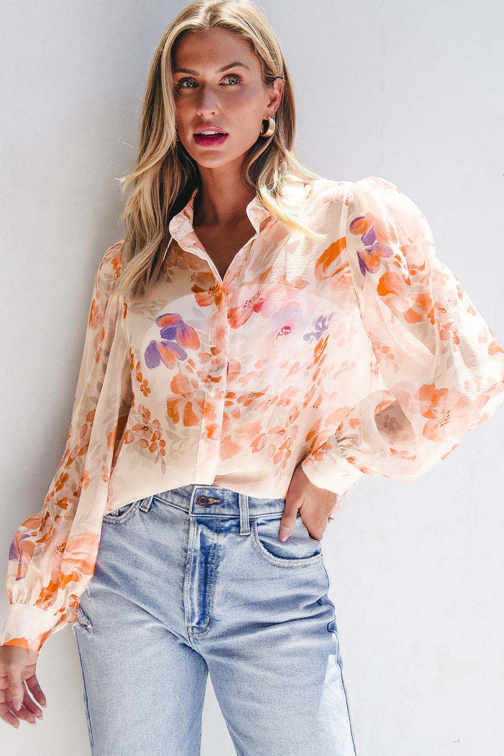 Floral Collared Balloon Loose Blouse