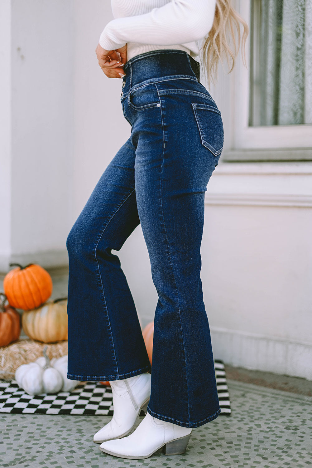 Blue Buttons Elastic Wide Waistband Jeans