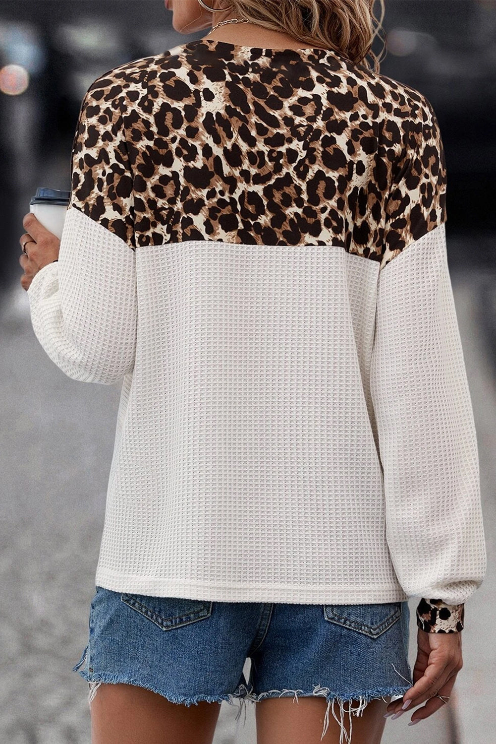 Jaimy™ Leopard Waffle Knit Button V Neck Top