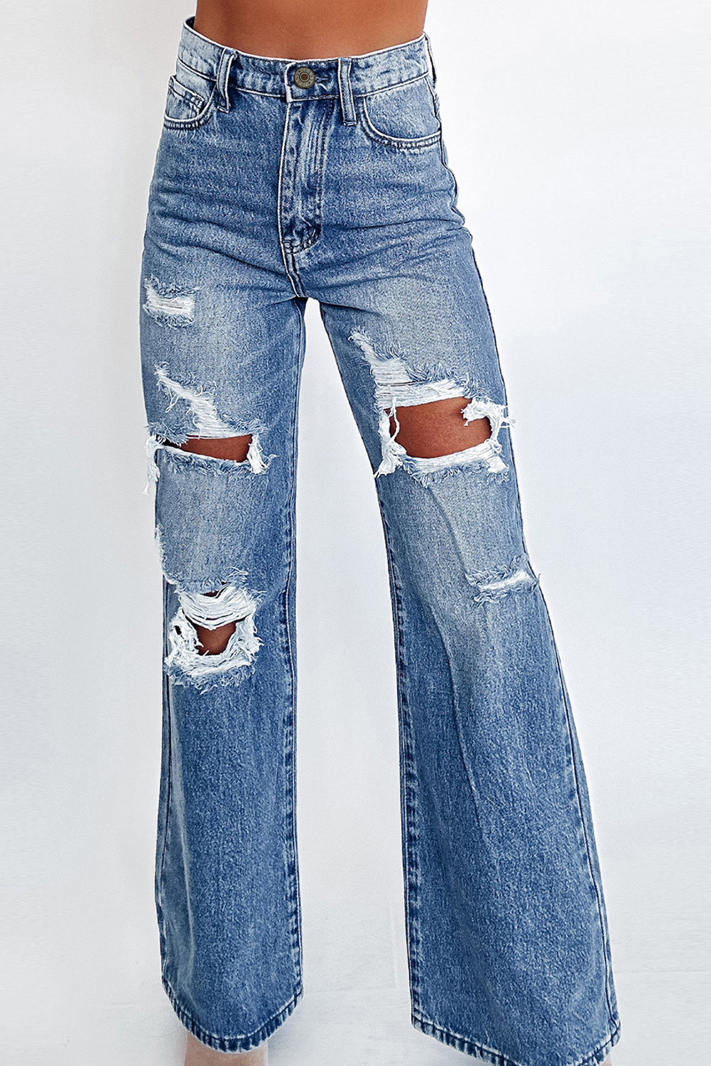 Blue Washed Wide Leg High Waist Jeans