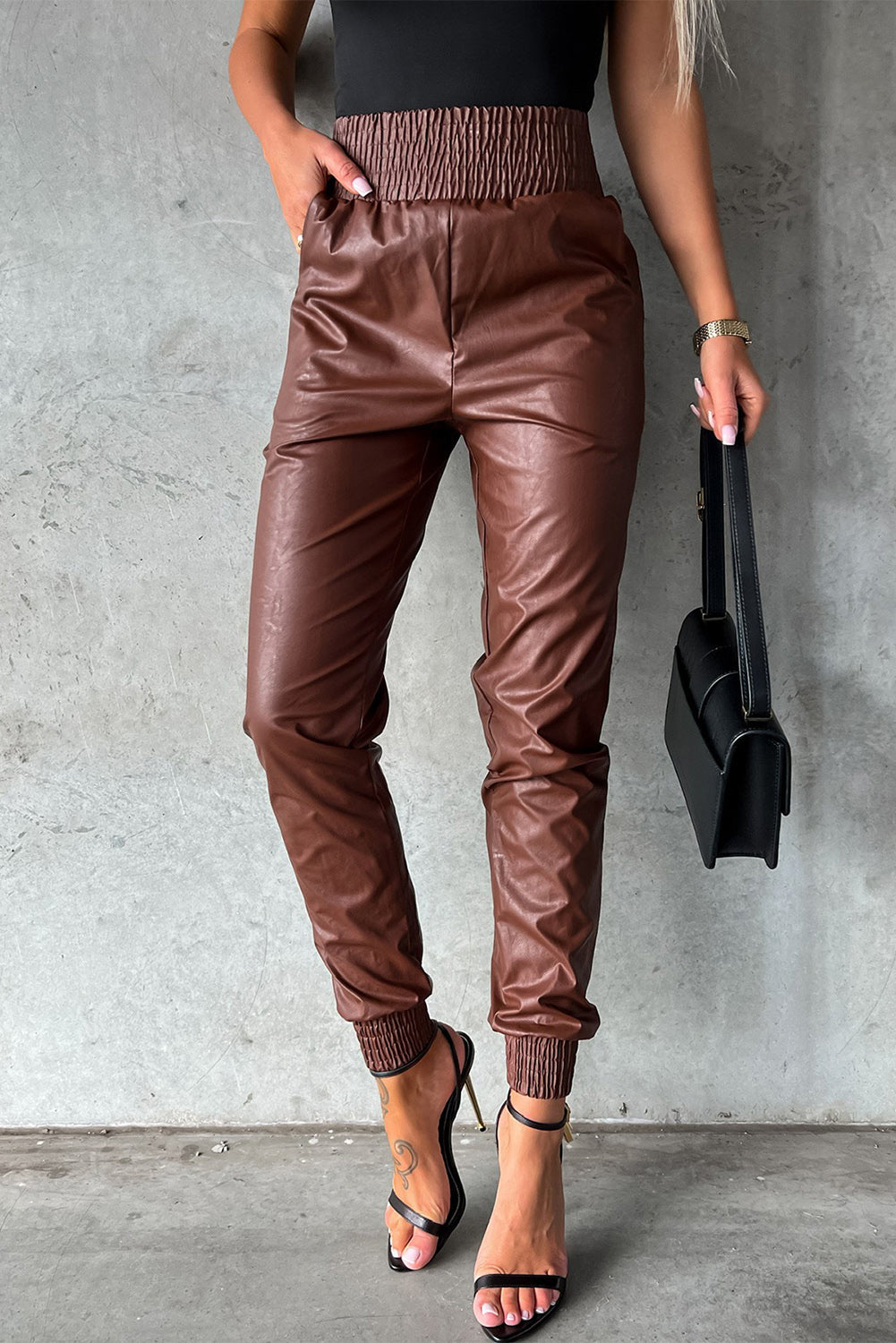 Brown High-Waist Leather Skinny Pants