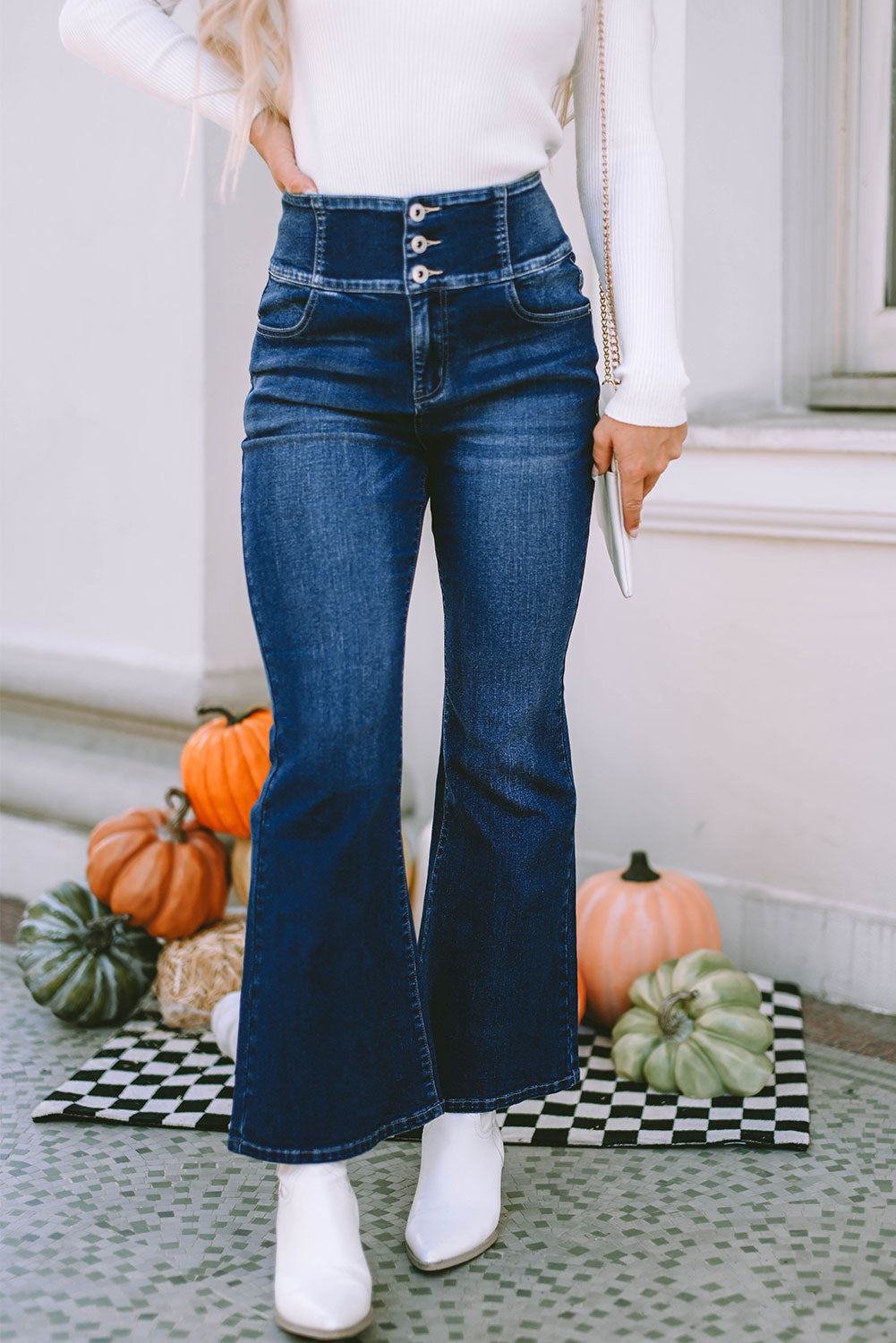 Blue Buttons Elastic Wide Waistband Jeans