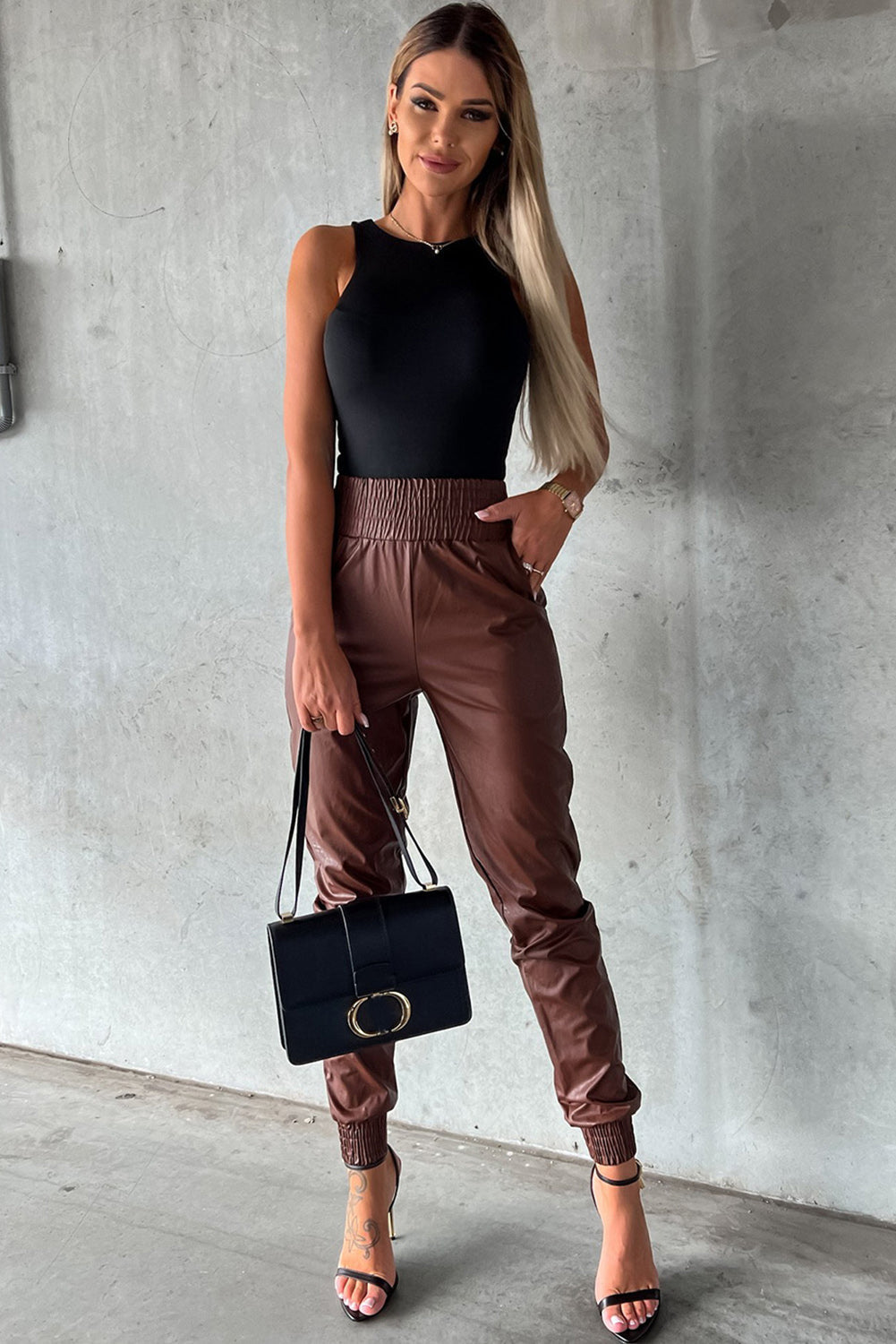 Brown High-Waist Leather Skinny Pants