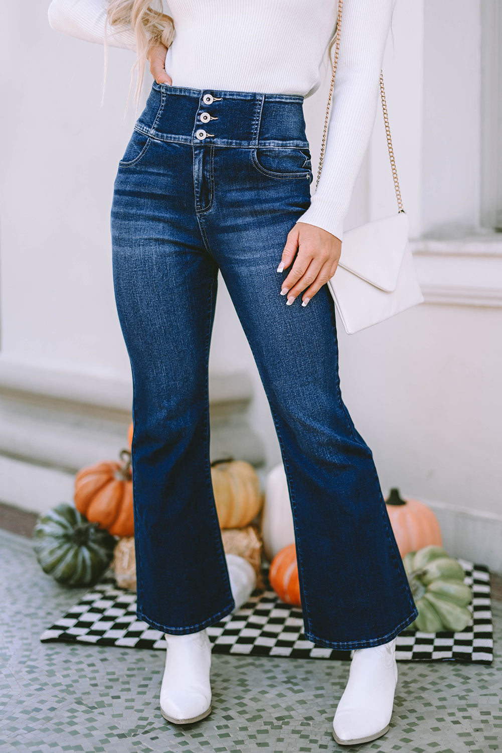 Blue Buttons Elastic Wide Waistband Jeans