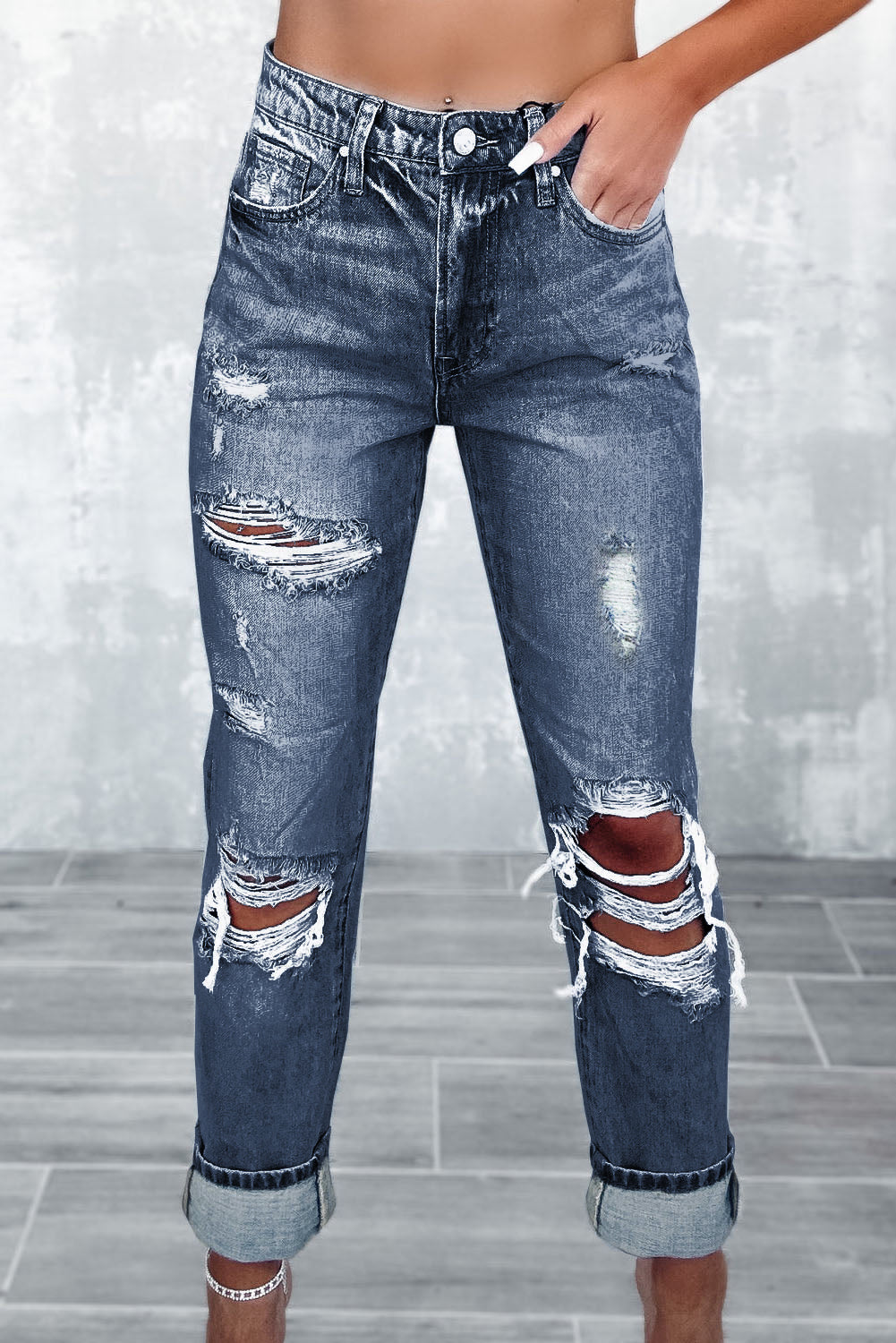 Wash Frayed Slim Fit High Waist Jeans